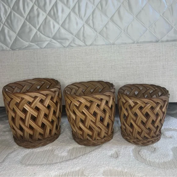 VTG Wicker Basket Planter Braided Woven Cachepot MCM Boho Cottage Set of 3 - Picture 3 of 17